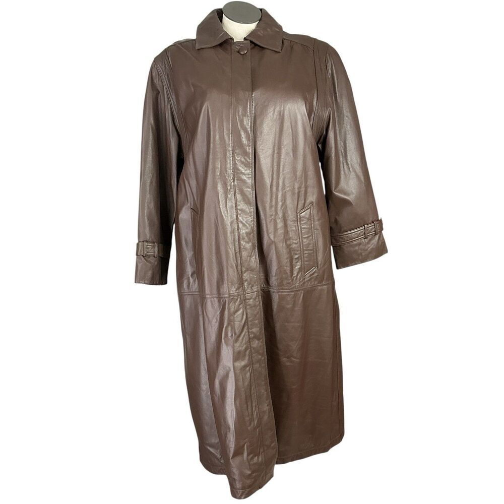 Norma Modell Leather Trench Coat Women 20 Brown Buttons Pockets Long Coat VTG